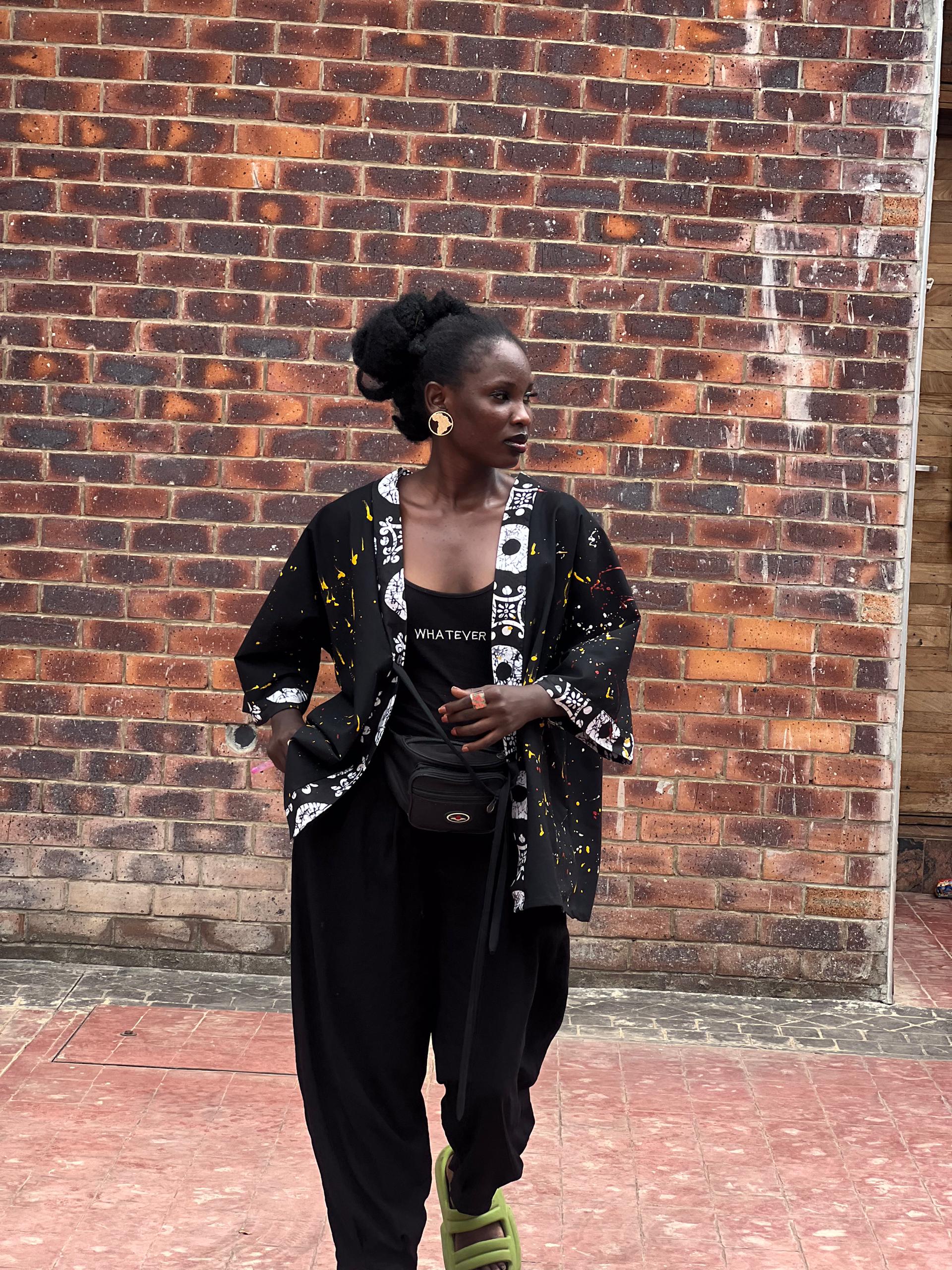 Black Adire Kimono Blazer with Paint Splash Design